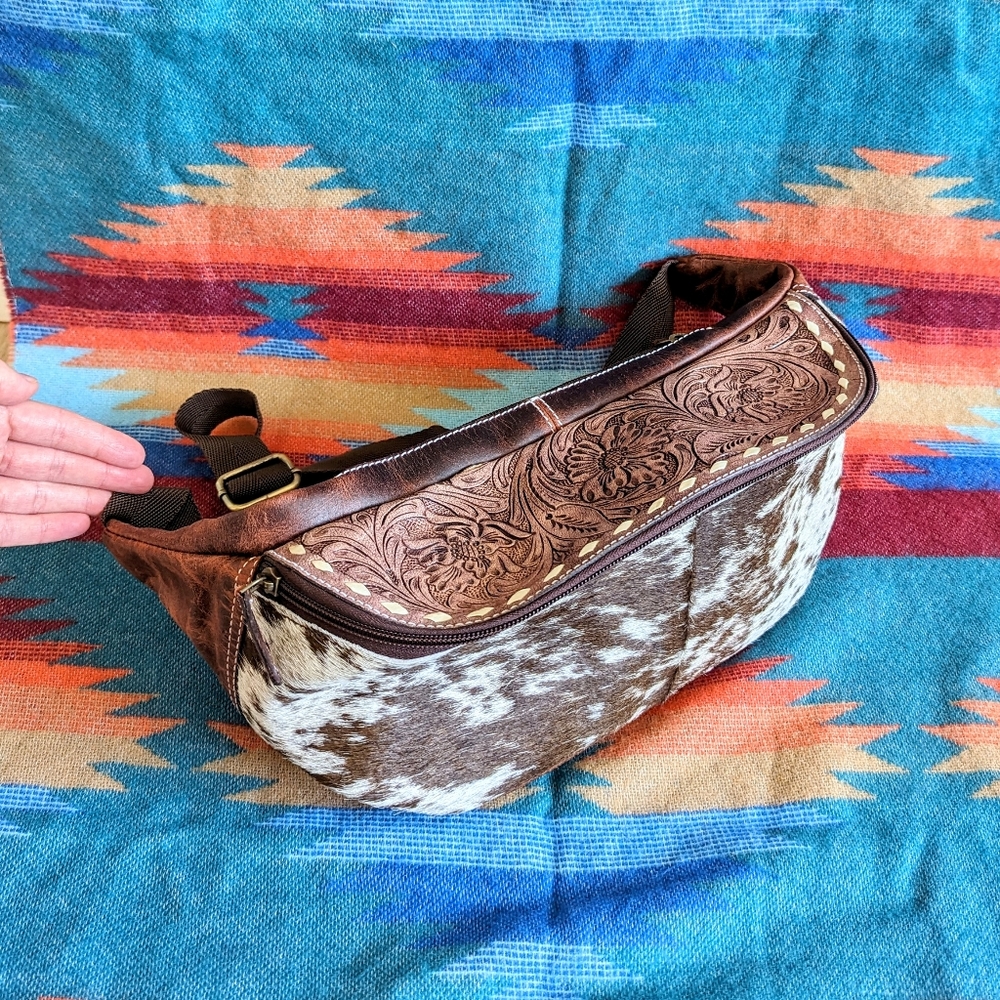 Genuine Tooled Leather and Cow Hide Fanny Pack